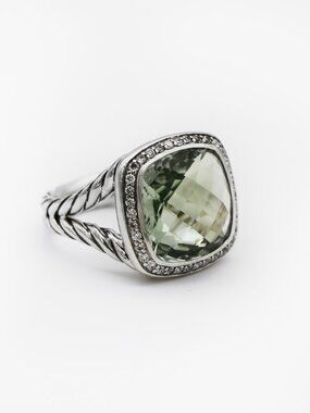 David Yurman 925 Silver Albion Diamond Prasiolite Halo Ring